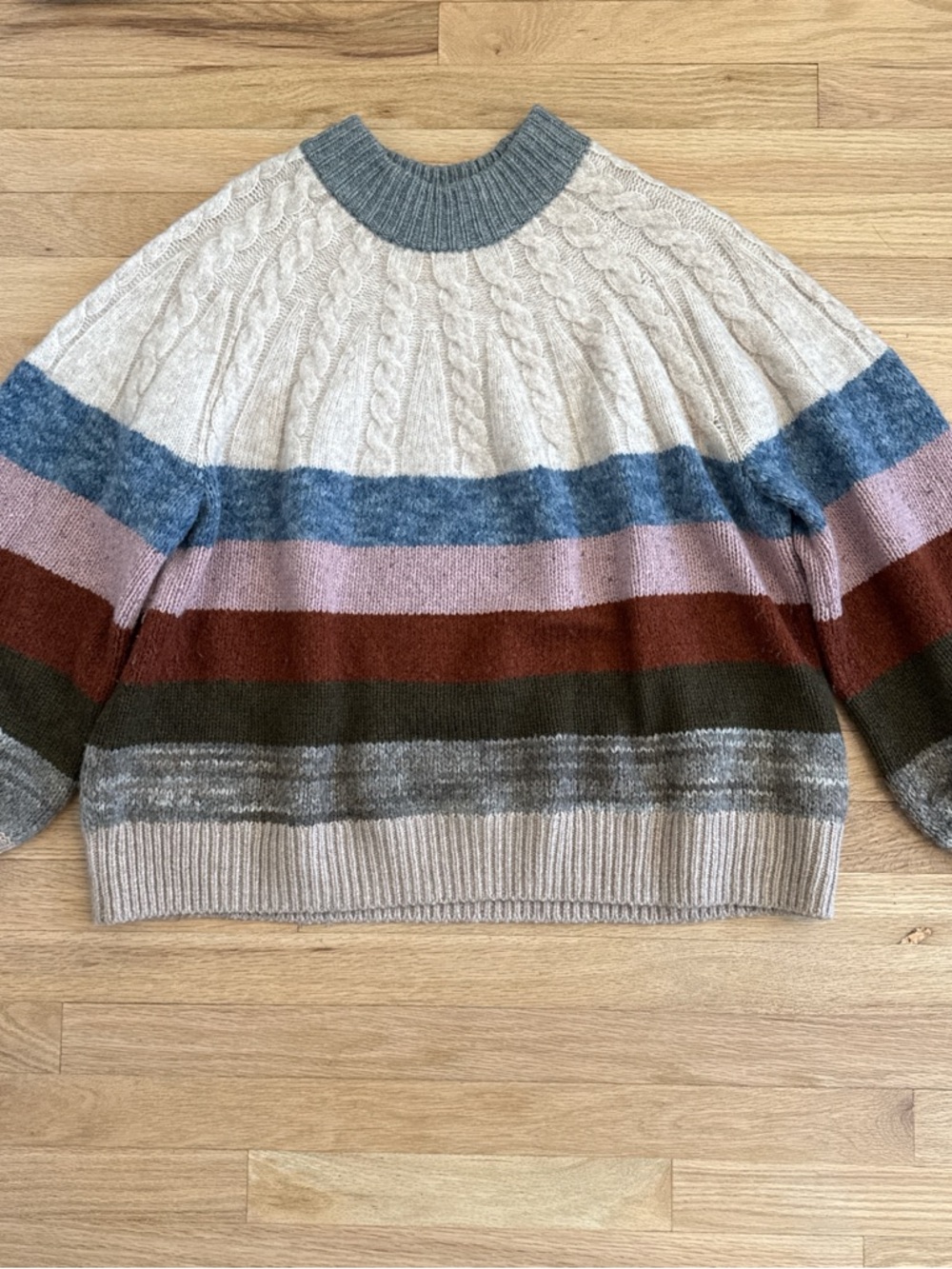 Cozy Multi-Stripe Cable-Knit Sweater - Cream, Blue, Pink, Brown